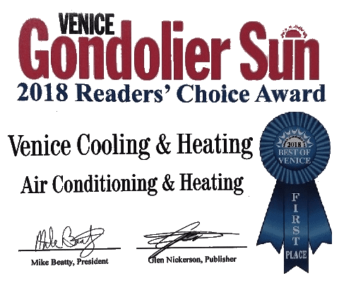 Award certificate for 2018 readers choice award from Venice Gondolier Sun awarded to Venice Cooling & Heating for best HVAC services, featuring ribbons and signatures from the president and publisher.